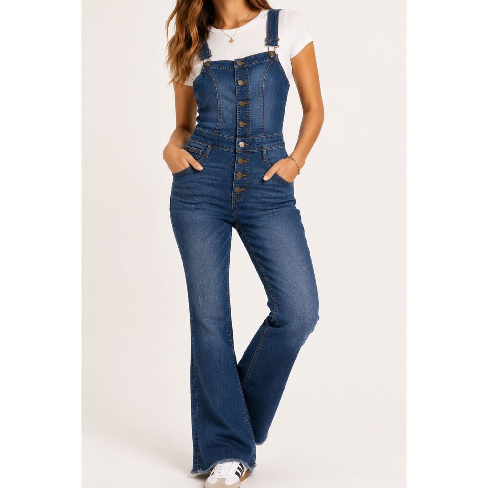Wax Jean Denim Flare Leg Overalls Size S Button Front Raw Hem Stretch Y2K Boho